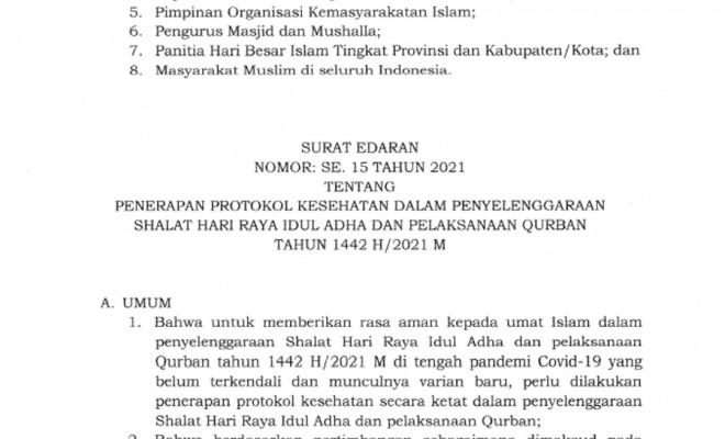 SE 15 Th 2021 Tentang Penerapan Prokes Dalam Penyelenggaraan Shalat Idul Adha